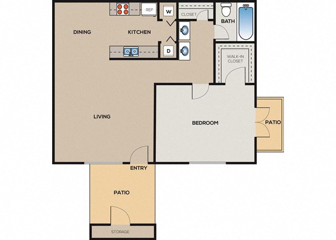 Floor plan for 1 bed, 1 bath, 707 sqft